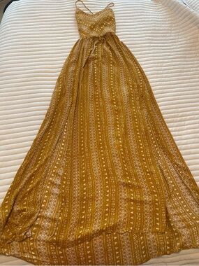 Mustard Yellow Boho Maxi Dress with Spaghetti Straps